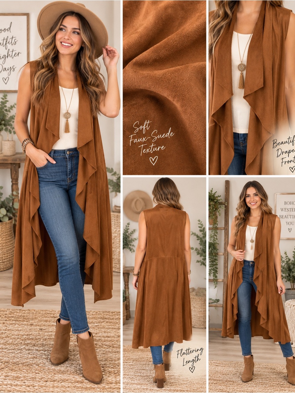 paparazzi Faux Suede Draped Long Vest - Brown